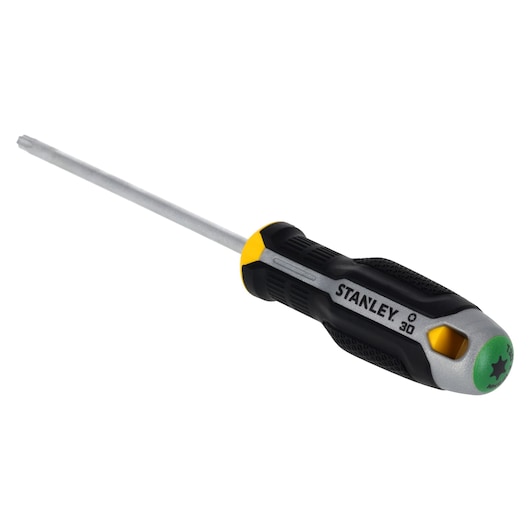 STANLEY FMHT65742-0 screwdriver with black and yellow handle, photographed at an angle on white background.
