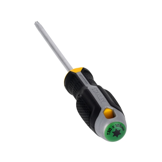 STANLEY FMHT65742-0 Torx screwdriver with black and yellow ergonomic handle, T30 x 125mm, angled view, white background.