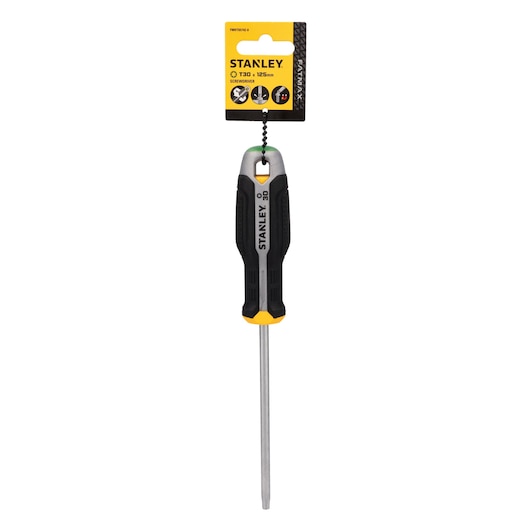 Photo of STANLEY FMHT65742-0 screwdriver T30 x 125mm, black and yellow handle, front angle, on white background.