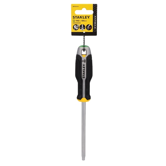 Photo of STANLEY screwdriver T40 x 125mm, SKU FMHT65743-0, black and yellow handle, front view, on white background.