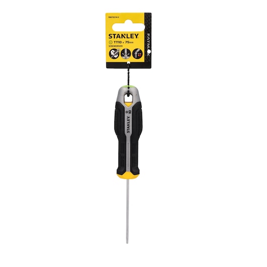 Photo of STANLEY screwdriver FMHT65744-0, TT10 x 75mm, black and yellow handle, front view on white background.