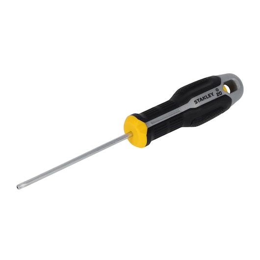 STANLEY FMHT65746-0 screwdriver with black and yellow ergonomic handle, side angle on white background.