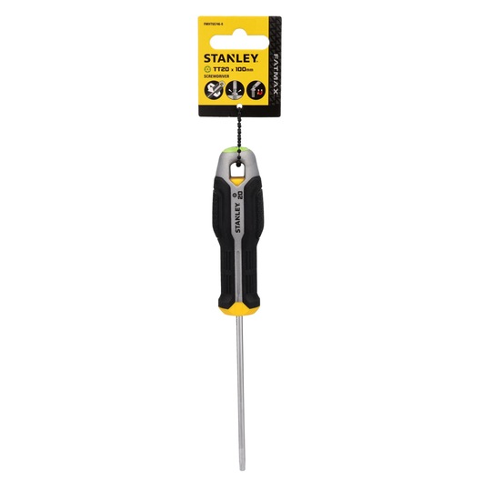 Photo of STANLEY TT20 screwdriver FMHT65746-0, black and yellow handle, front view on white background.