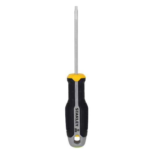 STANLEY FMHT65747-0 screwdriver with black and yellow handle, front view on white background.