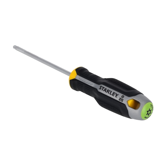 STANLEY FMHT65747-0 Torx screwdriver with black and yellow handle, side angle, white background.