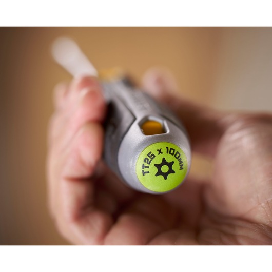Hand holds a STANLEY TT25 x 100mm screwdriver with a green end and clear size marking.