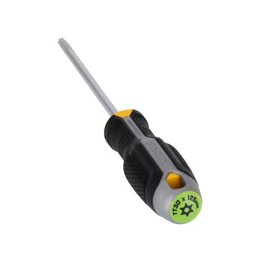 STANLEY FMHT65748-0 Torx screwdriver with black and yellow ergonomic handle, front angle on white background.
