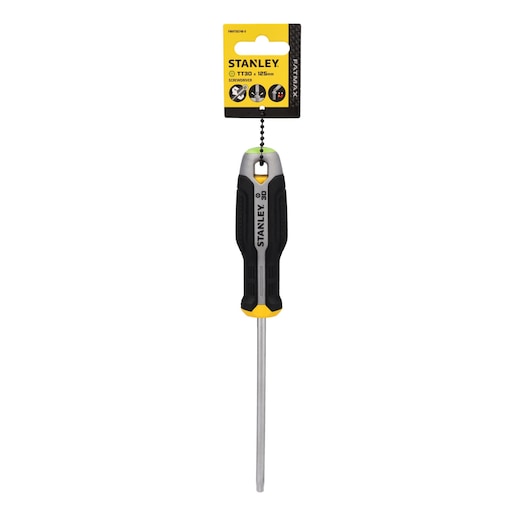Photo of STANLEY screwdriver TX30 125mm, model FMHT65748-0, black and yellow handle on white background.