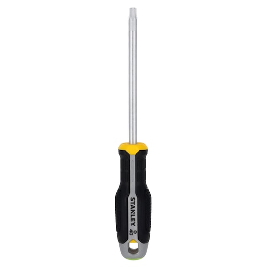 STANLEY FMHT65749-0 Torx screwdriver with black and yellow ergonomic handle, straight front angle, white background.