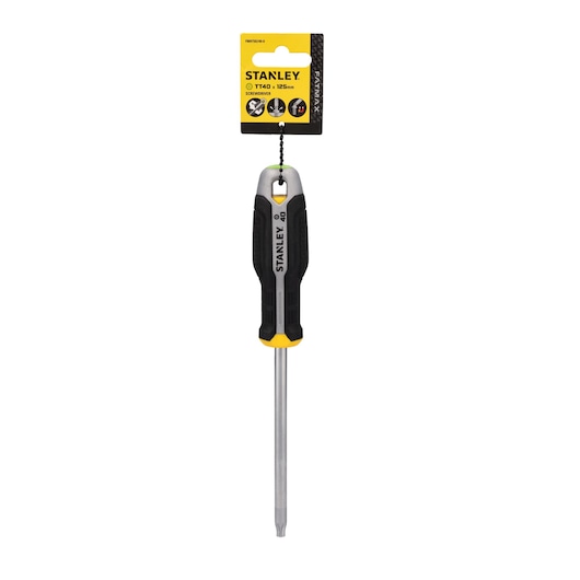 STANLEY FMHT65749-0 screwdriver with black and yellow handle, photographed upright on white background.