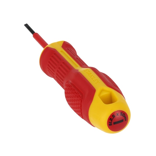 STANLEY FMHT65750-0 insulated slotted screwdriver, red and yellow handle, side angle on white background.