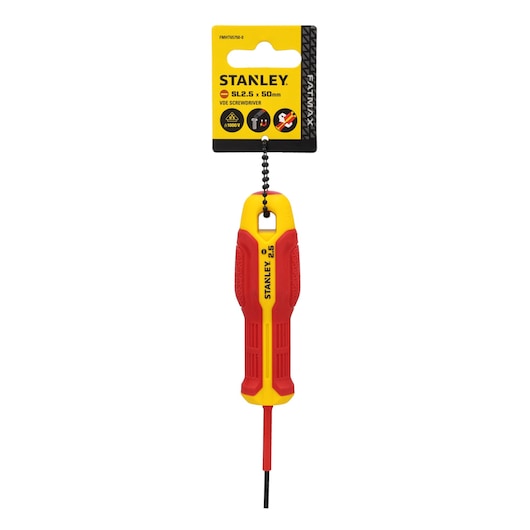 Photo of STANLEY insulated VDE screwdriver FMHT65750-0, red and yellow handle, front view on white background.