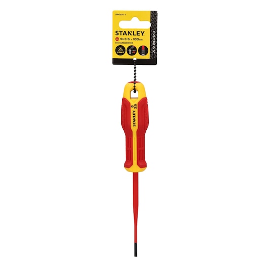 Photo of STANLEY FMHT65751-0 VDE insulated screwdriver, SL3.5 x 100mm, red and yellow handle, white background.