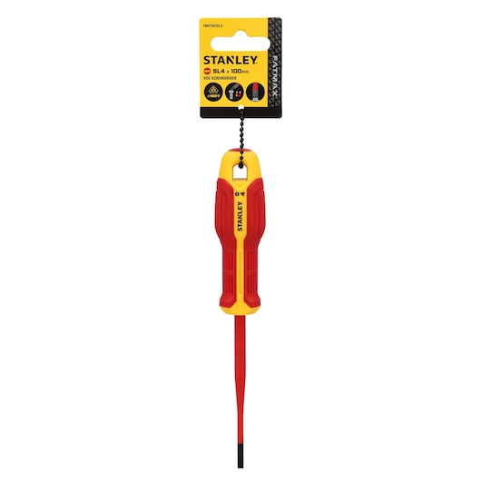 Photo of STANLEY FMHT65752-0 VDE screwdriver, red and yellow handle, SL4 100mm, front view on white background.