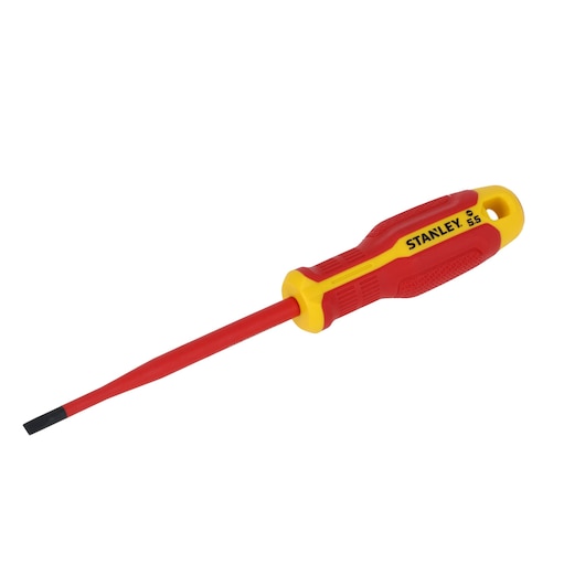 STANLEY FMHT65753-0 insulated slotted screwdriver, red and yellow handle, side view on white background.