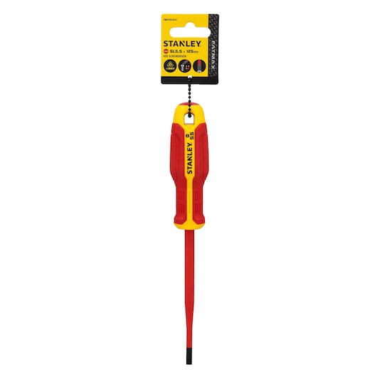STANLEY insulated screwdriver FMHT65753-0, SL5.5 tip, red and yellow handle, front view on white background.