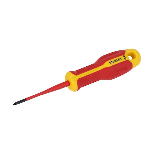 STANLEY FMHT65754-0 insulated Phillips screwdriver with red and yellow handle, side angle, white background.