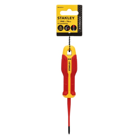 Photo of STANLEY PH0 x 75mm VDE screwdriver FMHT65754-0 in red and yellow, front angle, on white background.
