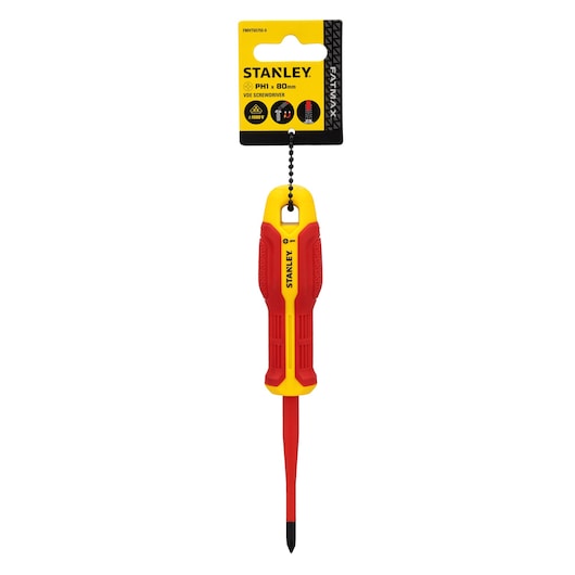 Photo of STANLEY FMHT65755-0 insulated Phillips screwdriver, red/yellow handle, on white background, packaging visible.