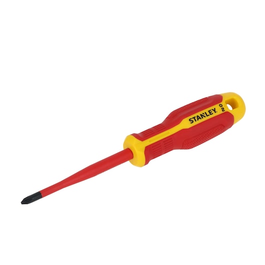 STANLEY FMHT65756-0 insulated Phillips screwdriver with red and yellow handle, angled on white background.