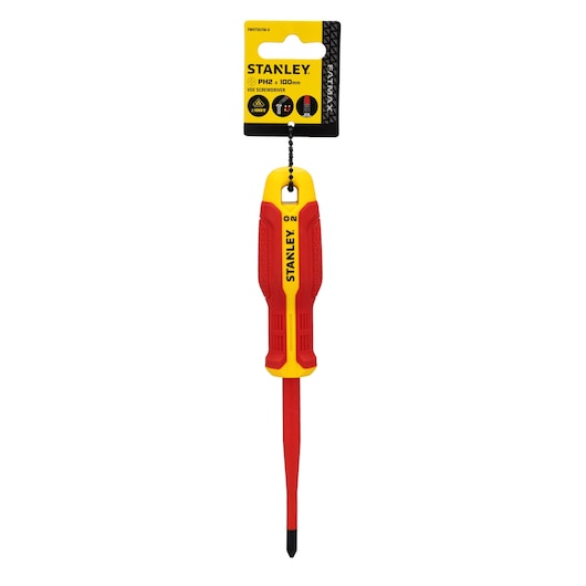 Photo of STANLEY insulated screwdriver PH2 100mm, FMHT65756-0, red and yellow handle, front angle on white.