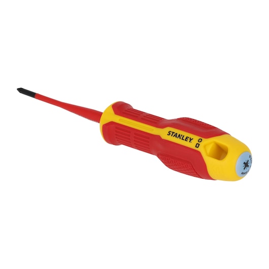STANLEY FMHT65757-0 insulated Phillips screwdriver with red and yellow handle, angled view, white background.