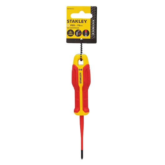 Photo of STANLEY FMHT65757-0 VDE screwdriver with yellow and red insulated handle, hanging, white background.