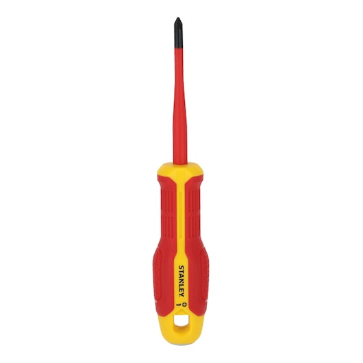 STANLEY FMHT65758-0 insulated Phillips screwdriver, red and yellow handle, front angle on white background.