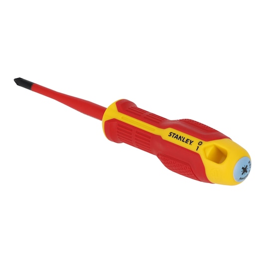 STANLEY FMHT65758-0 insulated Phillips screwdriver with red and yellow handle, front angle, white background.
