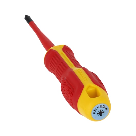 STANLEY FMHT65758-0 insulated Pozidriv screwdriver, red and yellow handle, PZ1 x 80mm, angled on white background.
