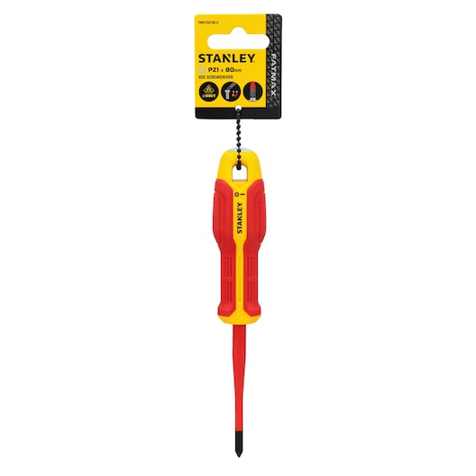 Front view of STANLEY FMHT65758-0 VDE screwdriver with red and yellow insulated handle on white background.