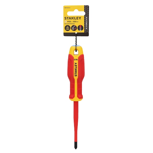 Photo of STANLEY FMHT65759-0 VDE insulated Phillips screwdriver, red and yellow handle, white background, front view.