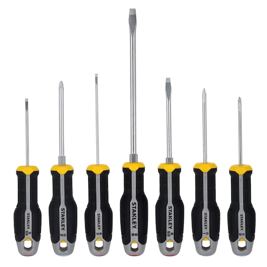 STANLEY FMHT65760-0 screwdriver set with six black and yellow screwdrivers, front view on white background.