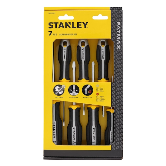 Front angle photo of STANLEY FMHT65760-0 7-piece screwdriver set in yellow and black packaging.