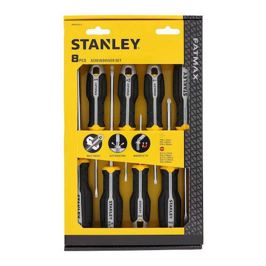 Photo of STANLEY 8-piece screwdriver set FMHT65761-0 in yellow and black packaging, front angle.