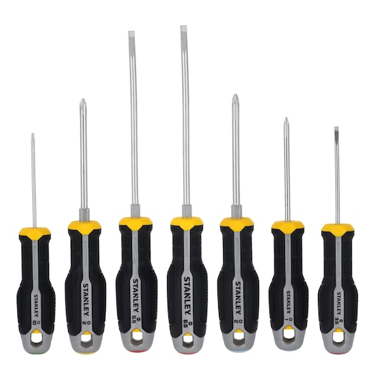 Photo of STANLEY FMHT65762-0 screwdriver set, seven pieces, black and yellow handles, front view on white background.