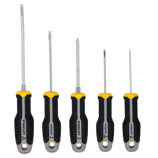STANLEY FMHT65763-0 screwdriver set, five-piece set with black and yellow ergonomic handles, front view on white.