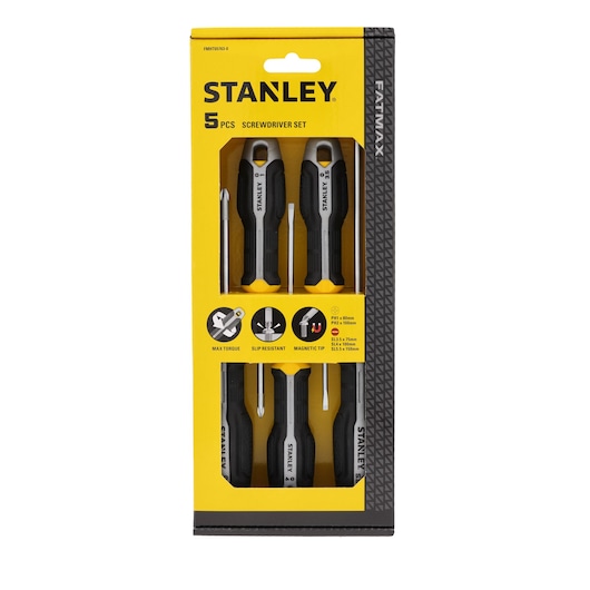 Photo of STANLEY 5-piece screwdriver set FMHT65763-0 in box, black and yellow, with visible screwdrivers, front angle.
