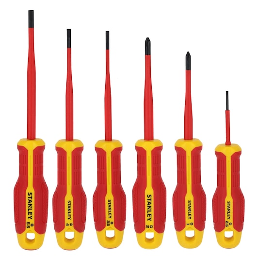STANLEY FMHT65764-0 insulated screwdriver set, six pieces with yellow and red handles, front view.