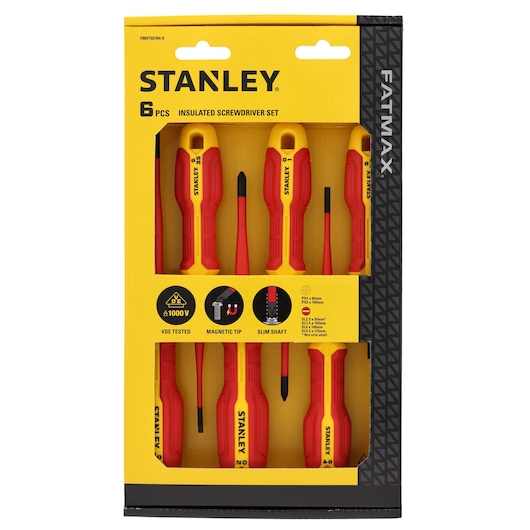 Photo of STANLEY FMHT65764-0 6-piece insulated screwdriver set in yellow and red packaging, front angle.
