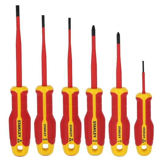 STANLEY FMHT65765-0 screwdriver set, six insulated screwdrivers with red and yellow handles, front view on white background.
