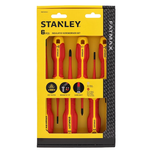 STANLEY FMHT65765-0 insulated screwdriver set, 6 pieces, yellow and red handles, packaged front view.