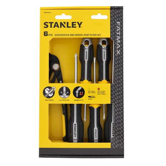 Photo of STANLEY 6-piece screwdriver and groove joint pliers set, SKU FMHT65766-0, in yellow retail packaging, front view.