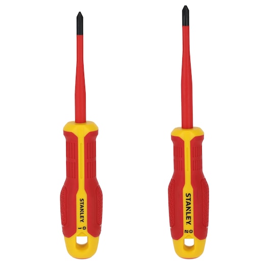 STANLEY FMHT65767-0 insulated screwdriver set, two red and yellow screwdrivers, front angle, white background.