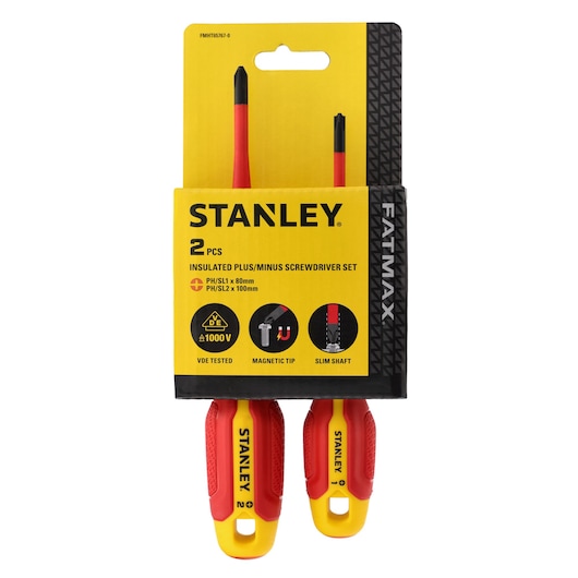 STANLEY FMHT65767-0 insulated screwdriver set, 2 pieces, yellow and red handles, white background, front view.