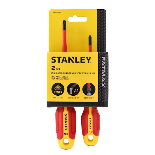 STANLEY FMHT65768-0 insulated screwdriver set, 2 pieces, VDE tested, magnetic tip, slim shaft, retail packaging front.