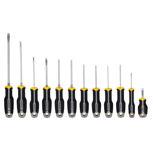 STANLEY FMHT65769-0 screwdriver set with black and yellow handles, flat and Phillips tips, front angle on white.