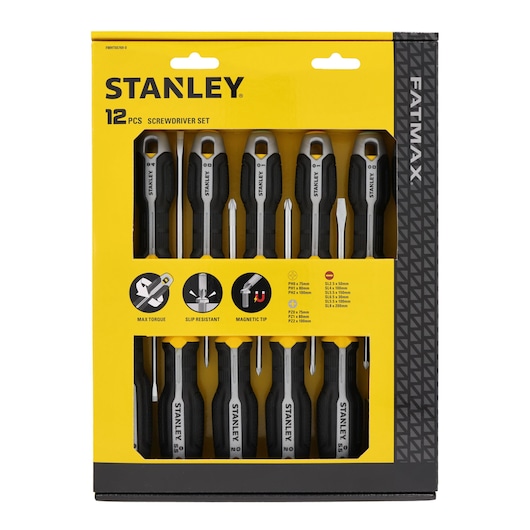 STANLEY 12-piece screwdriver set FMHT65769-0 in packaging, black and yellow handles, front angle.