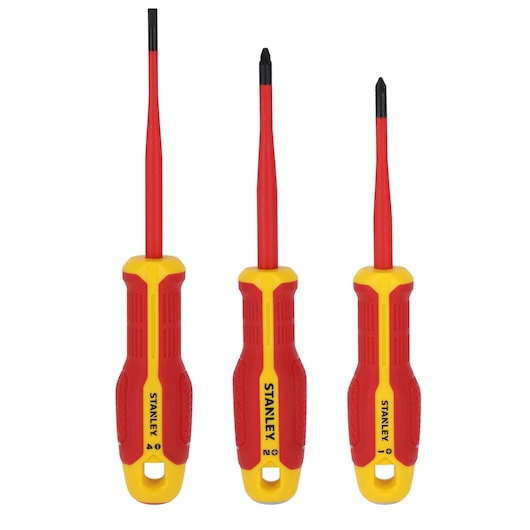 STANLEY FMHT65770-0 insulated screwdriver set with red and yellow handles, front angle, three pieces.