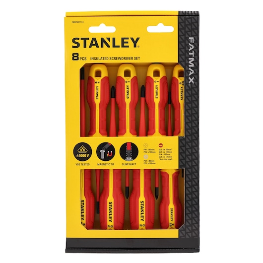 STANLEY FMHT65771-0 insulated screwdriver set, 8-piece, red and yellow handles, front angle on white background.